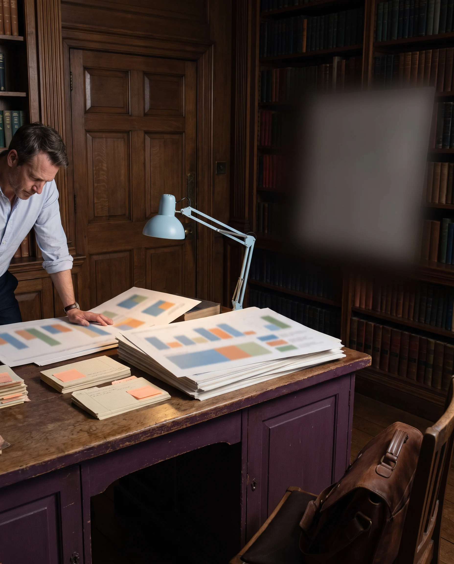 A quiet desk in a wood-panelled library with documents and a reading lamp