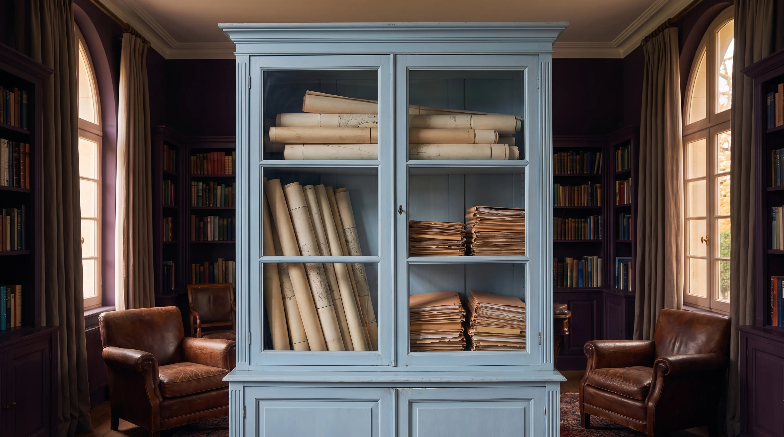 A pale blue archival cabinet filled with labelled papers between library shelves
