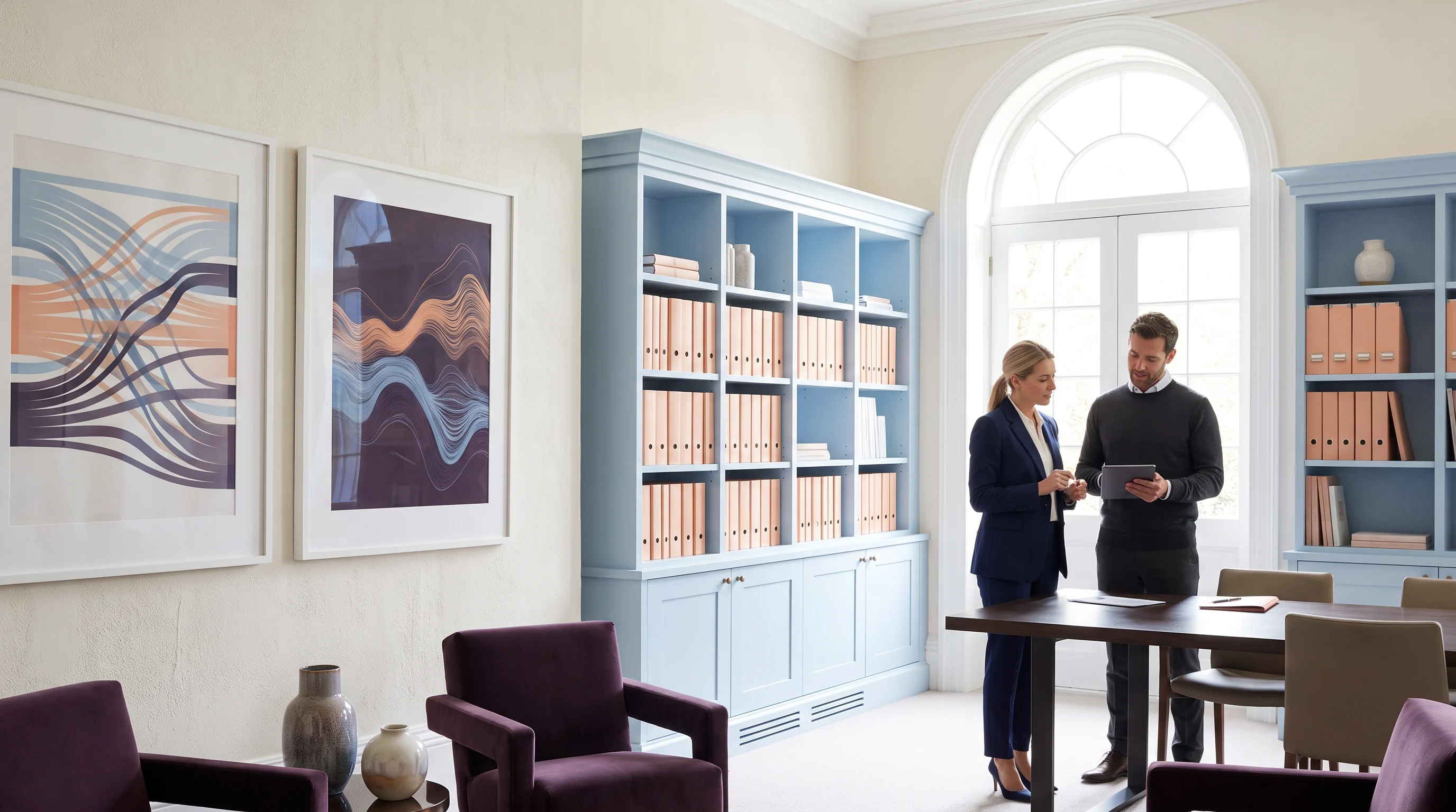 Two colleagues speaking among shelves of neatly organised archive files