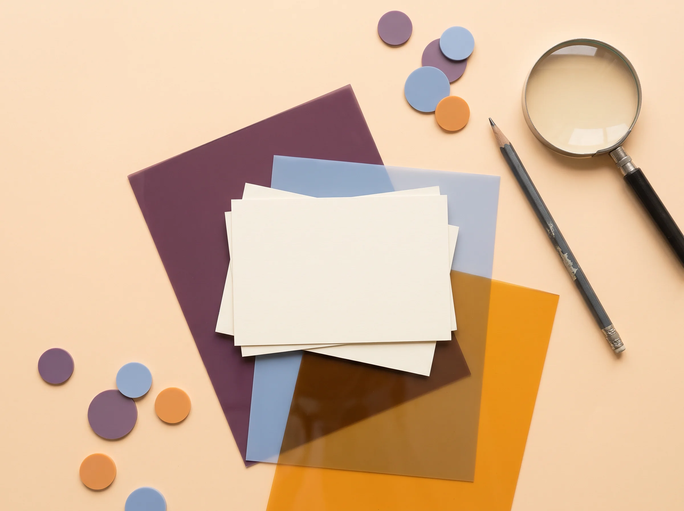 Coloured paper, blank index cards, a magnifier and pens arranged for an evidence exercise