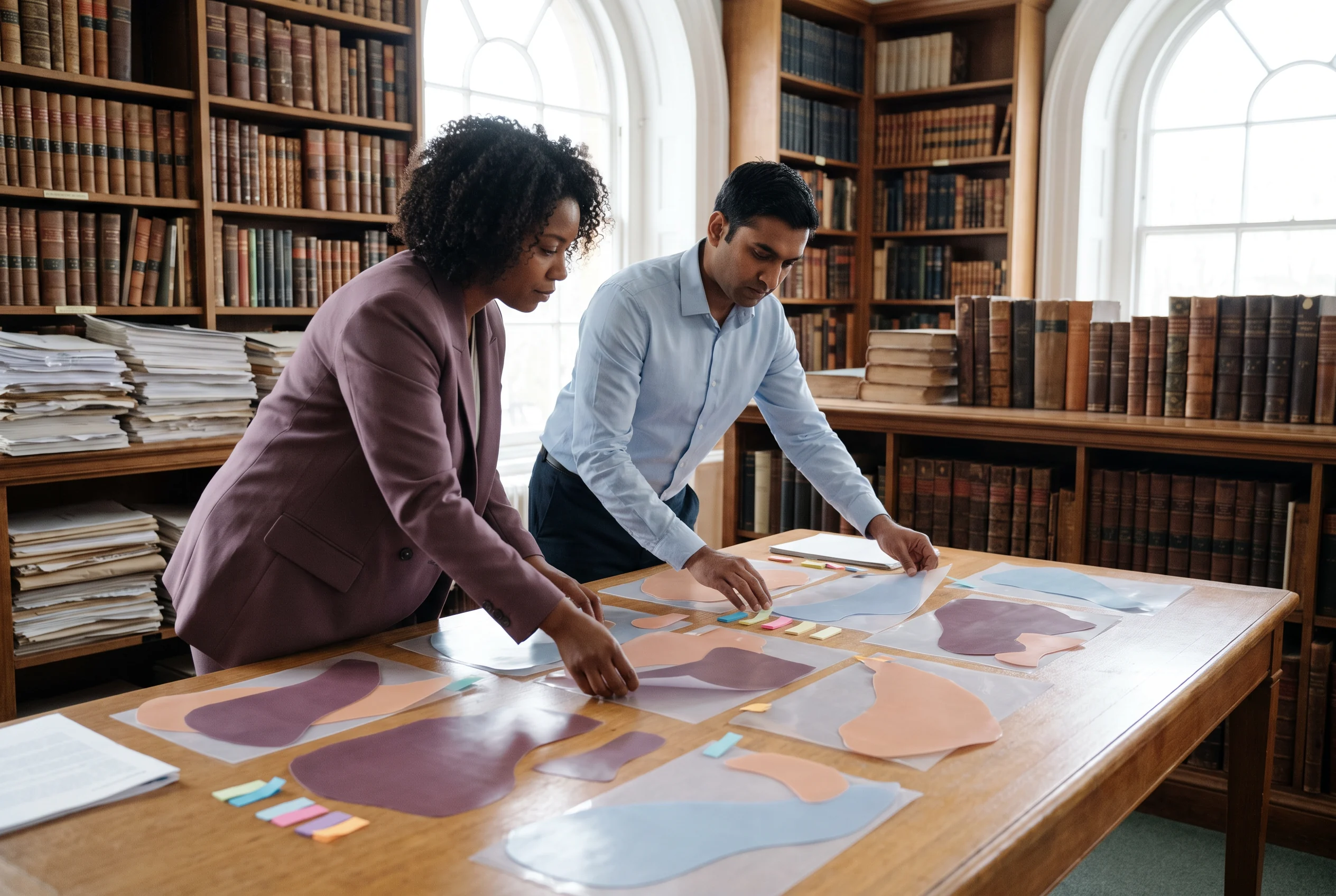 Colleagues examining coloured evidence sheets spread across a library table