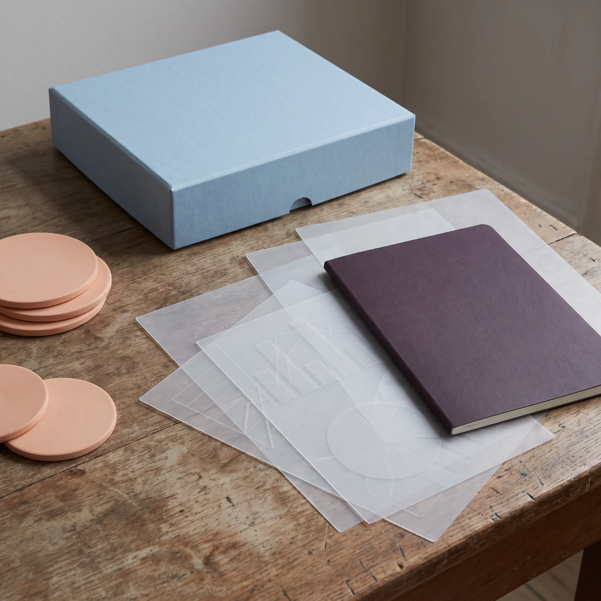 Powder blue and aubergine archival boxes with translucent drafting sheets
