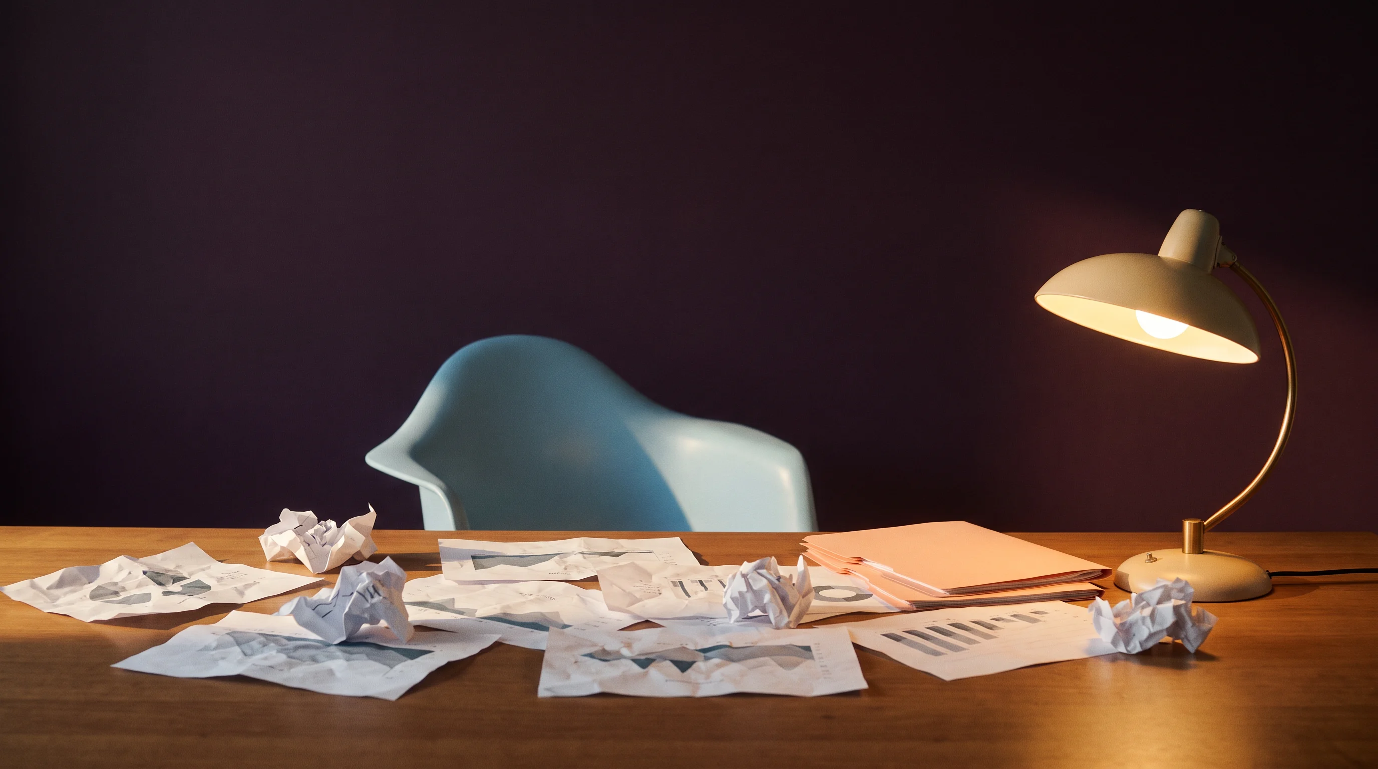 A desk with papers, a blue chair and a lamp prepared for a working evidence review