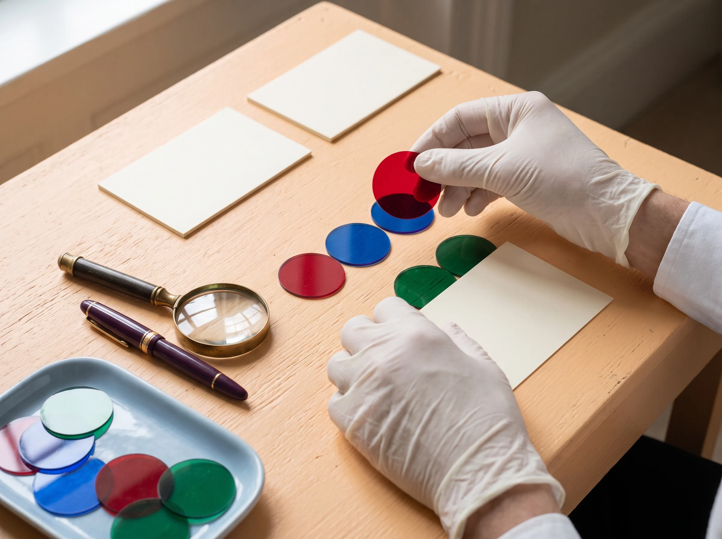 A gloved hand placing coloured discs beside blank evidence cards on a table